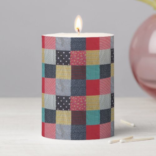 vintage style colorful squares of patchwork pillar candle