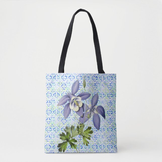 Vintage Style Columbine Blue Flowers Tote Bag (Front)