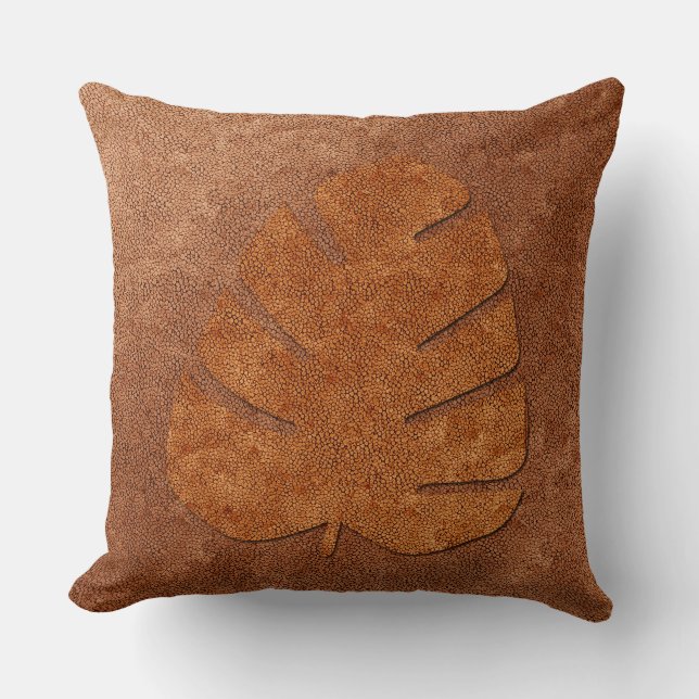 Vintage Style Copper Light Textured Leaf Throw Pillow (Front)