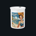 Vintage Style Cote D'Azur Beach Girl Beverage Pitcher<br><div class="desc">Vintage French and European Travel Advertisements - Beach,  village,  people,  blue sea and sky illustration</div>