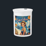 Vintage Style Cote D'Azur Beach Girl Beverage Pitcher<br><div class="desc">Vintage French and European Travel Advertisements - Beach,  village,  people,  blue sea and sky illustration</div>