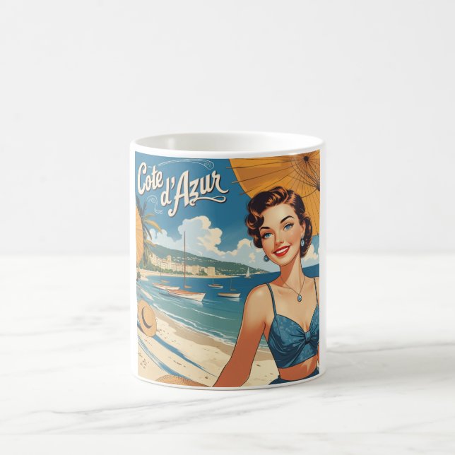 Vintage Style Cote D'Azur Beach Girl Coffee Mug (Center)