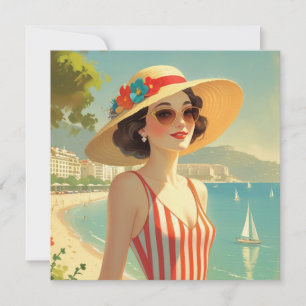 Vintage Style Cote D'Azur Beach Girl Holiday Card