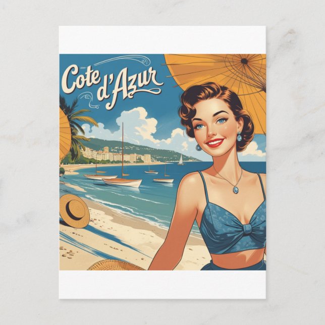 Vintage Style Cote D'Azur Beach Girl Holiday Postcard (Front)