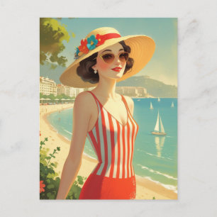 Vintage Style Cote D'Azur Beach Girl Holiday Postcard