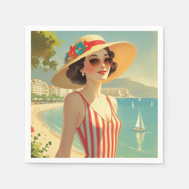 Vintage Style Cote D'Azur Beach Girl Napkins (Front)