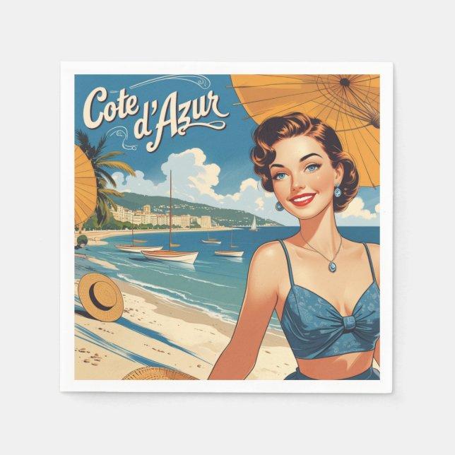 Vintage Style Cote D'Azur Beach Girl Napkins (Front)