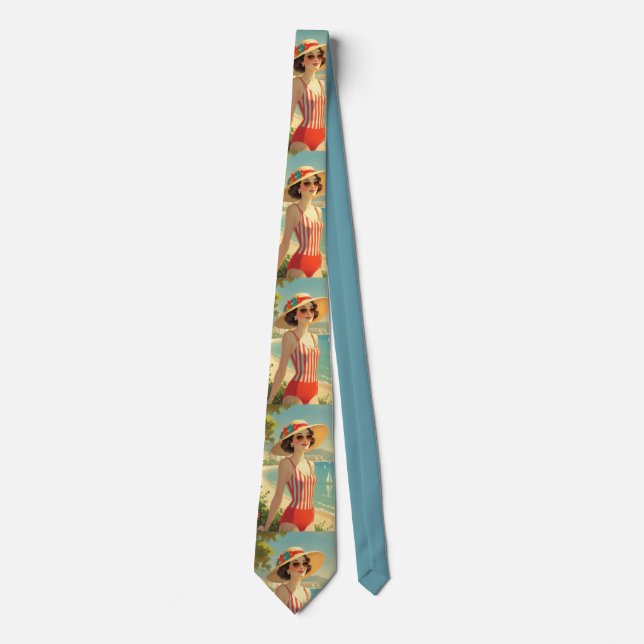 Vintage Style Cote D'Azur Beach Girl Neck Tie (Front)