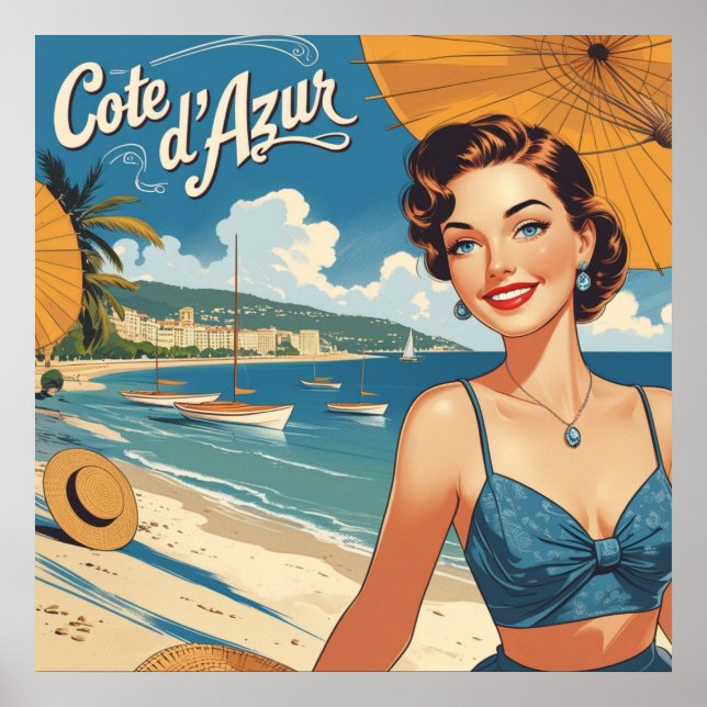 Vintage Style Cote D'Azur Beach Girl Poster (Front)