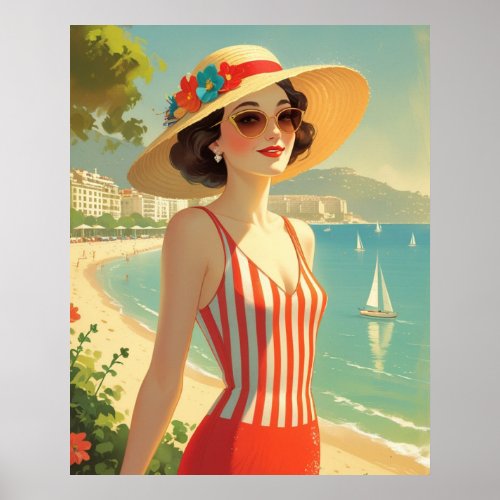 Vintage Style Cote D'Azur Beach Girl