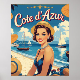 Vintage Style Cote D'Azur Beach Girl Poster