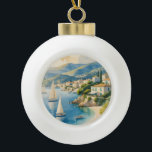 Vintage Style Cote D'Azur French Travel  Ceramic Ball Christmas Ornament<br><div class="desc">French and European Travel Advertisements - Beach,  village,  people,  trees,  blue sea and sky illustration</div>