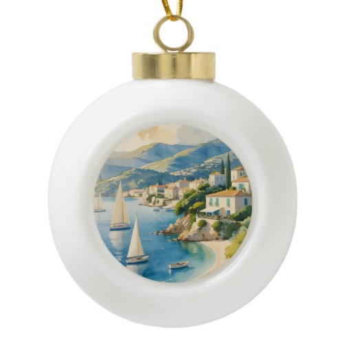 Vintage Style Cote D'Azur French Travel  Ceramic Ball Christmas Ornament