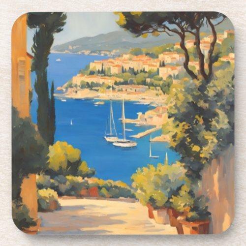 Vintage Style Cote DAzur French Travel Painting Beverage Coaster