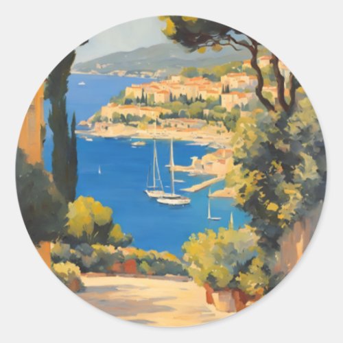 Vintage Style Cote DAzur French Travel Painting Classic Round Sticker