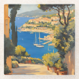 Vintage Style Cote D'Azur French Travel Painting Glass Coaster
