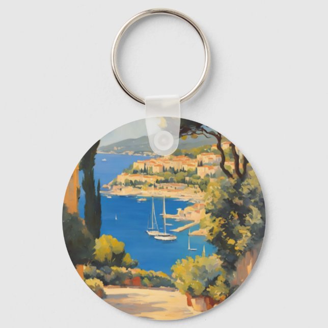 Vintage Style Cote D'Azur French Travel Painting Keychain (Front)