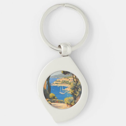 Vintage Style Cote DAzur French Travel Painting Keychain