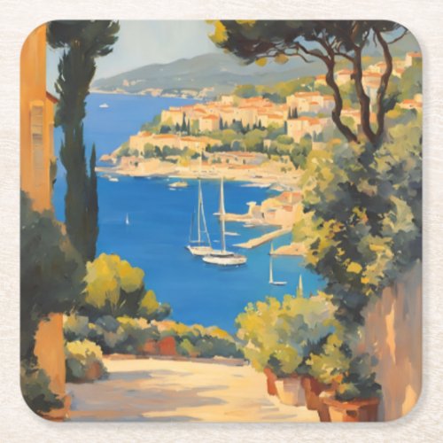 Vintage Style Cote DAzur French Travel Painting Square Paper Coaster