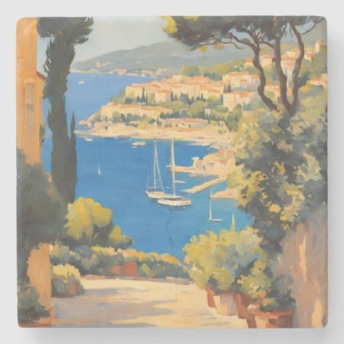 Vintage Style Cote DAzur French Travel Painting Stone Coaster