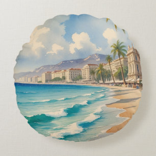 Vintage Style Cote D'Azur French Travel Round Pillow