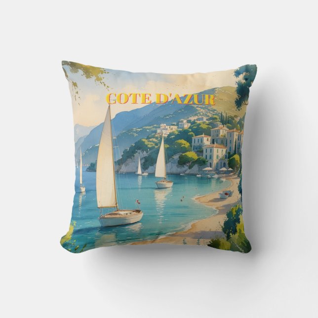 Vintage Style Cote D'Azur French Travel Throw Pillow (Front)