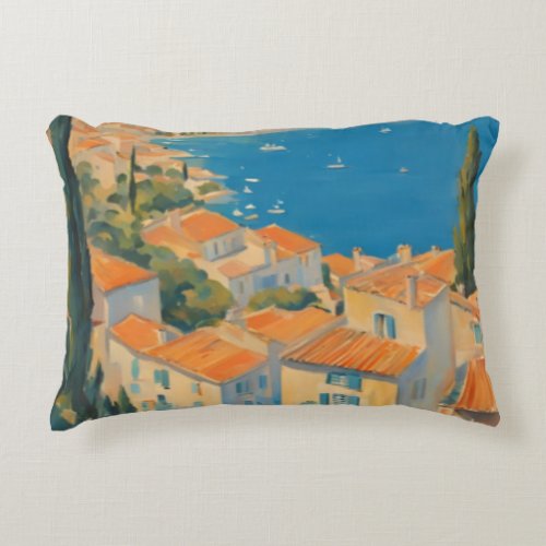 Vintage Style Cote DAzur French Travel Watercolor Accent Pillow