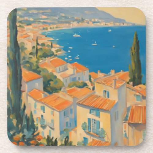 Vintage Style Cote DAzur French Travel Watercolor Beverage Coaster