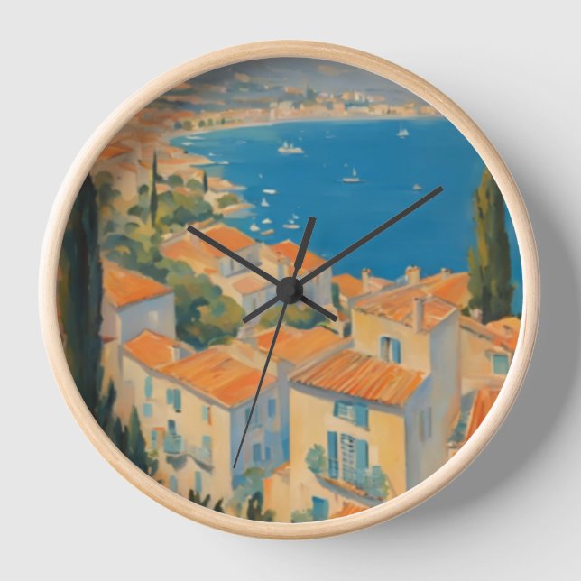 Vintage Style Cote D'Azur French Travel Watercolor Clock (Front)