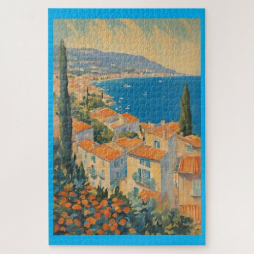 Vintage Style Cote DAzur French Travel Watercolor Jigsaw Puzzle