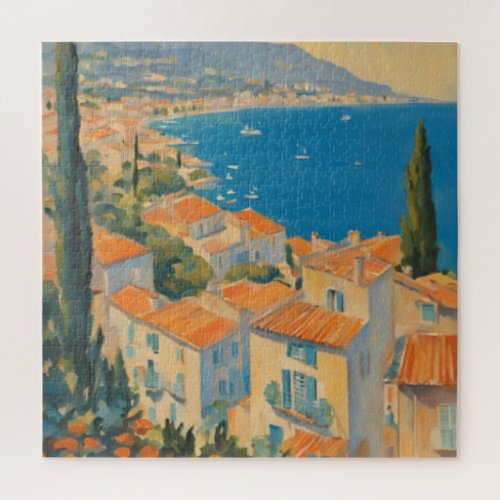 Vintage Style Cote DAzur French Travel Watercolor Jigsaw Puzzle