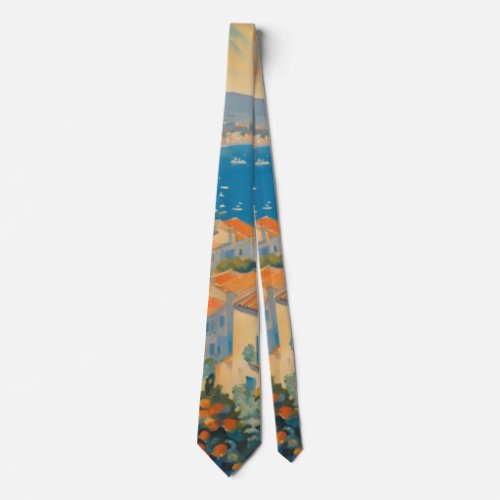 Vintage Style Cote DAzur French Travel Watercolor Neck Tie