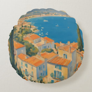 Vintage Style Cote D'Azur French Travel Watercolor Round Pillow