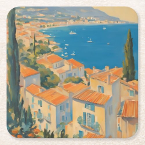 Vintage Style Cote DAzur French Travel Watercolor Square Paper Coaster