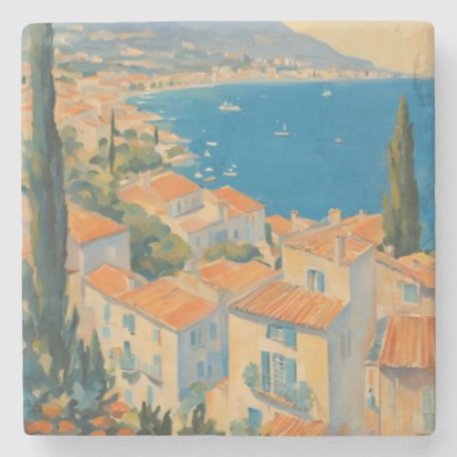 Vintage Style Cote DAzur French Travel Watercolor Stone Coaster