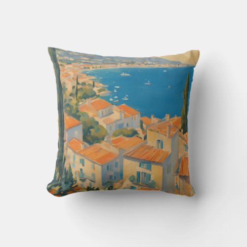 Vintage Style Cote DAzur French Travel Watercolor Throw Pillow