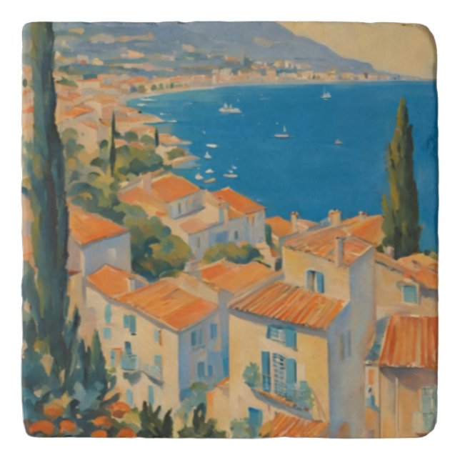 Vintage Style Cote D'Azur French Travel Watercolor Trivet (Front)