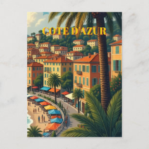 Vintage Style Cote D'Azur Travel Illustration  Holiday Postcard