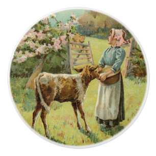 Vintage Style Country Farm Girl Feeding Calf Ceramic Knob