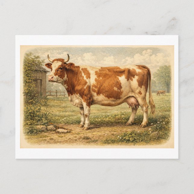 Vintage-Style Cow Illustration Postcard (Front)