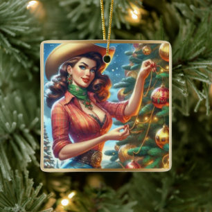 Vintage Style Cowgirl Christmas Ceramic Ornament