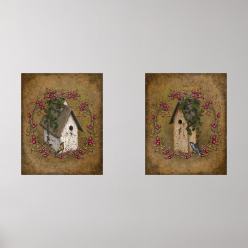 Vintage Style Crackled Effect Birdhouses Berries  Wall Art Sets