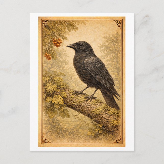 Vintage-Style Crow Illustration Postcard (Front)