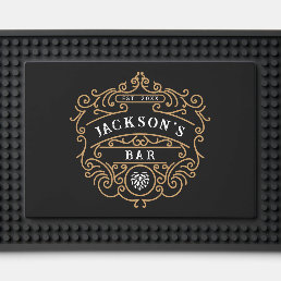 Vintage Style Custom Name Year Gold Black & White Bar Mat