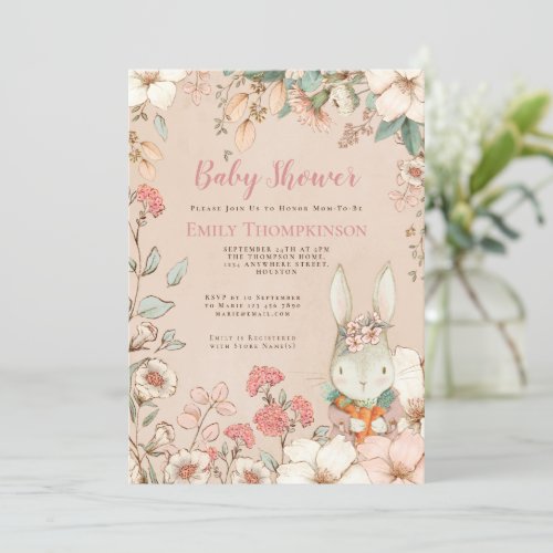 Vintage Style Cute Bunny Florals Baby Shower Invitation