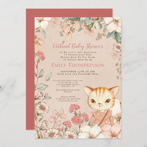 Vintage Style Cute Cat Florals Virtual Baby Shower Invitation