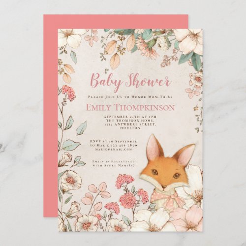 Vintage Style Cute Fox Florals Cream Baby Shower Invitation