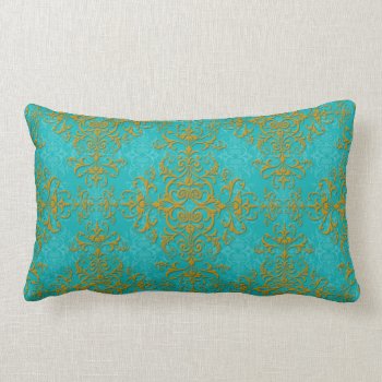 Vintage Style Damask Turquoise Aqua Gold Pattern Lumbar Pillow by MHDesignStudio at Zazzle