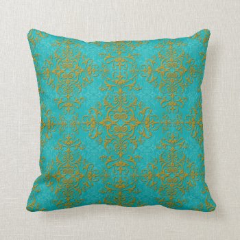 Vintage Style Damask Turquoise Aqua Gold Pattern Throw Pillow by MHDesignStudio at Zazzle