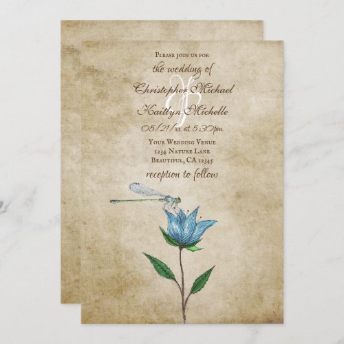 Vintage Style Dragonfly and Blue Flower Wedding Invitation